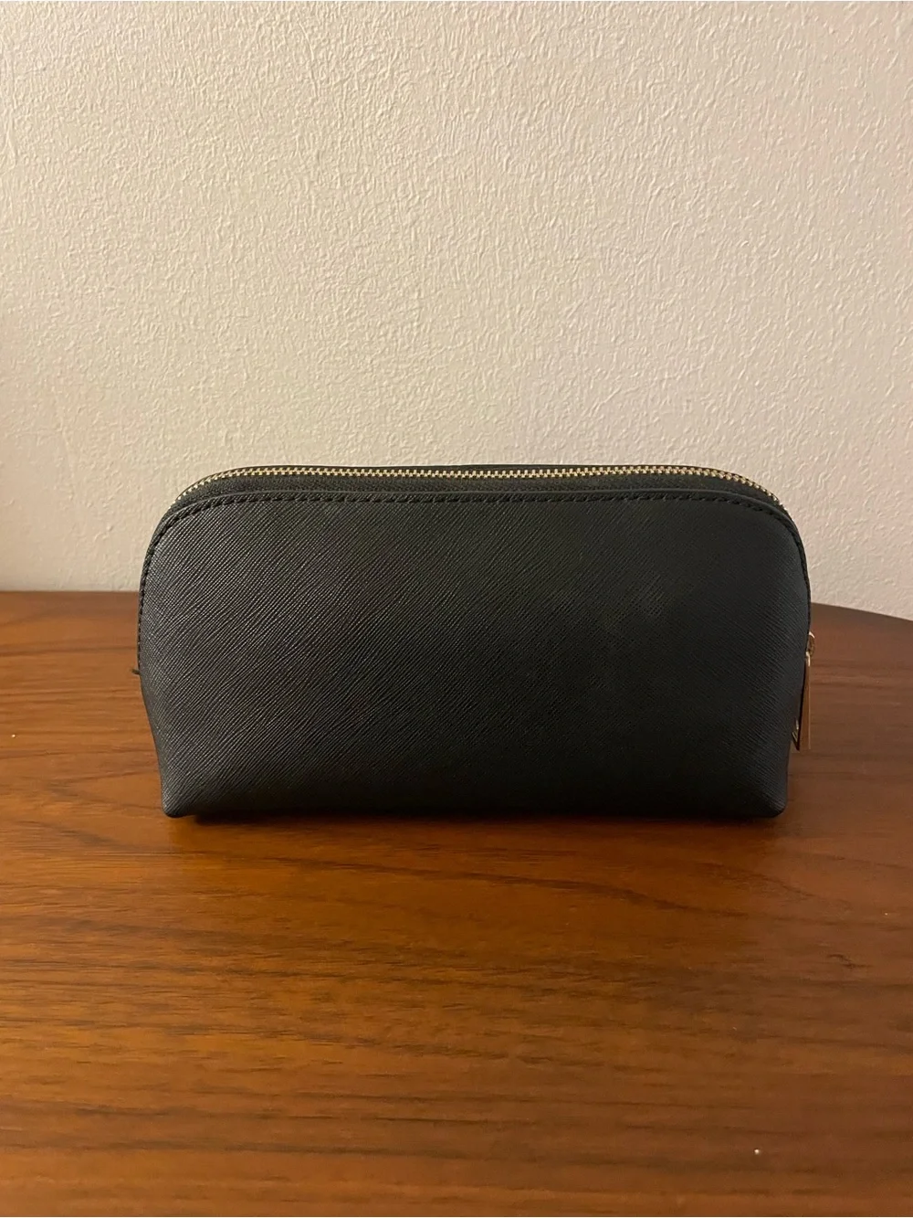 tde. Black Saffiano Cosmetic Zip Pouch with Gold Initials